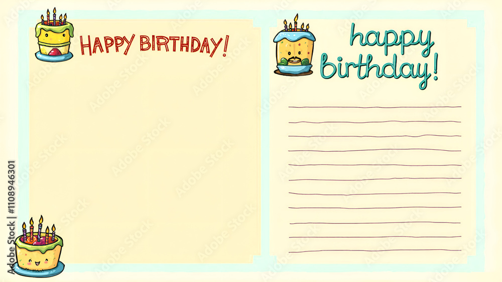 Naklejka premium Happy birthday postcard template with cakes and lines for message on light background, festive design