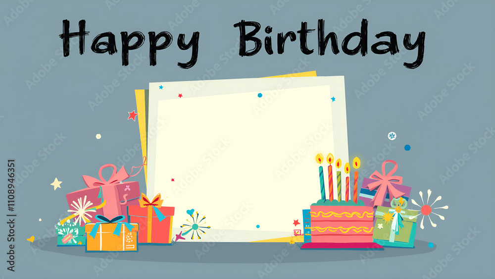 Naklejka premium Happy Birthday greeting card with colorful gifts and cake on dark background, empty space for message