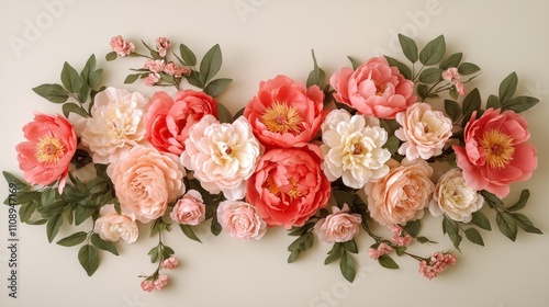 A stunning display of pink and peach flowers is arranged gracefully on a soft background. The vibrant blossoms create a serene and elegant ambiance, enhancing any space.