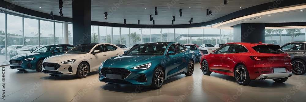 Fototapeta premium Modern luxury cars parked in auto dealership showroom. Vehicles for sale, leasing or rent. Automobile retail