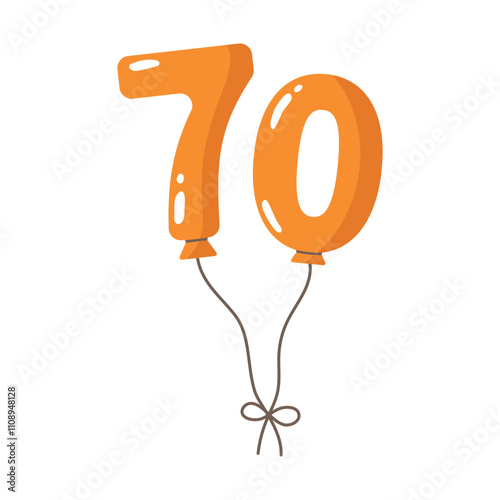 Balloon shaped as numbers 70 with string.Birthday party flat decoration,celebration seventy festive symbol,numeric anniversary holiday design.Isolated.Vector illustration.