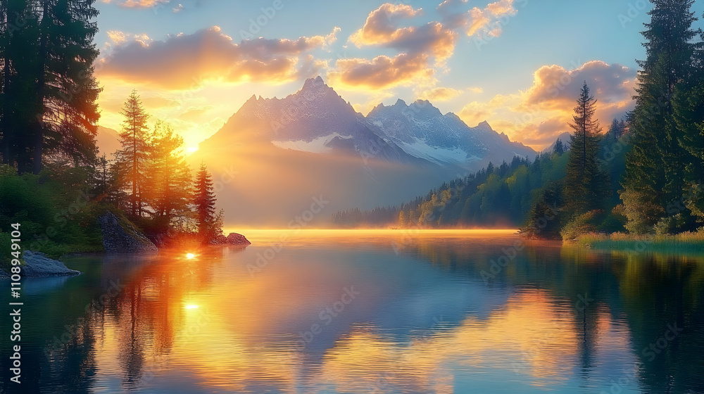 Sunrise Paints Majestic Mountain Lake with Golden Hues Sunrise Paints Majestic Mountain Lake with Golden Hues