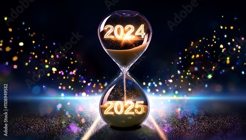 Futuristic hourglass displays glowing numbers symbolizing the transition from 2024 to 2025. Generative AI