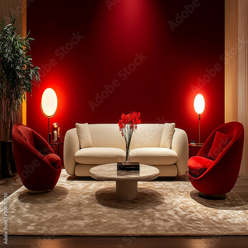 Luxury modern living room interior design featuring elegant sofas, artistic decor, and stylish lighting setups.