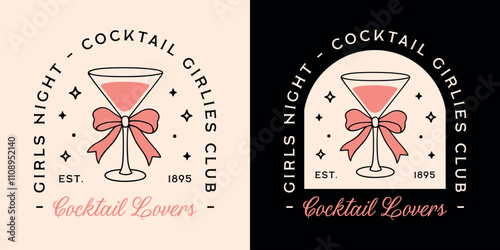 Cocktail lovers girls night besties squad birthday bachelorette New Year party invitation card shirt design. Funny quotes martini glass bow ribbon illustration black pink coquette preppy aesthetic.
