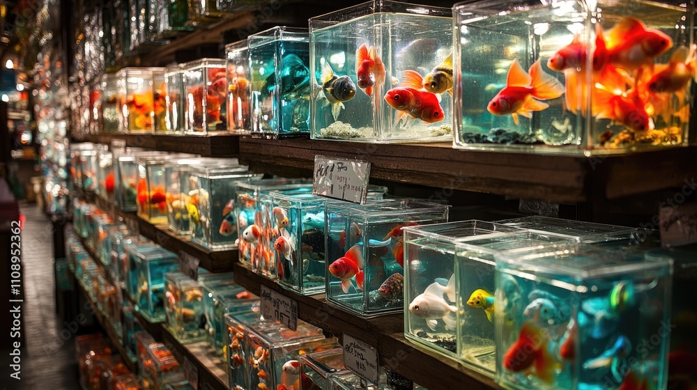Fototapeta premium Colorful Fish in Glass Tanks at Aquatic Store Displaying Variety