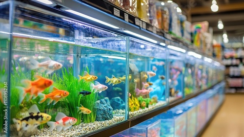 Colorful Freshwater Fish in Aquariums at a Modern Pet Store Display