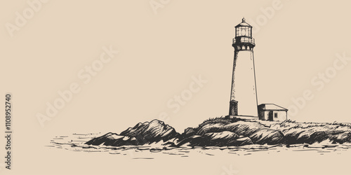Vintage retro engraving woodcut style sketch draw paint of lighthouse landscape scene view