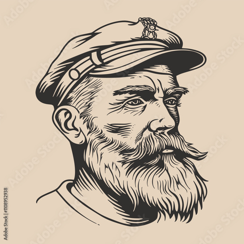 Vintage retro engraving woodcut style sketch draw paint of old sailor captain head comics character view
