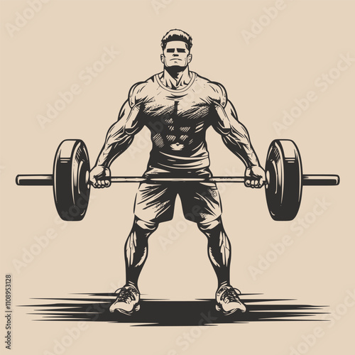 Vintage retro engraving woodcut style sketch draw paint of gym fit sport powerlifter bodubuilder man with barbell