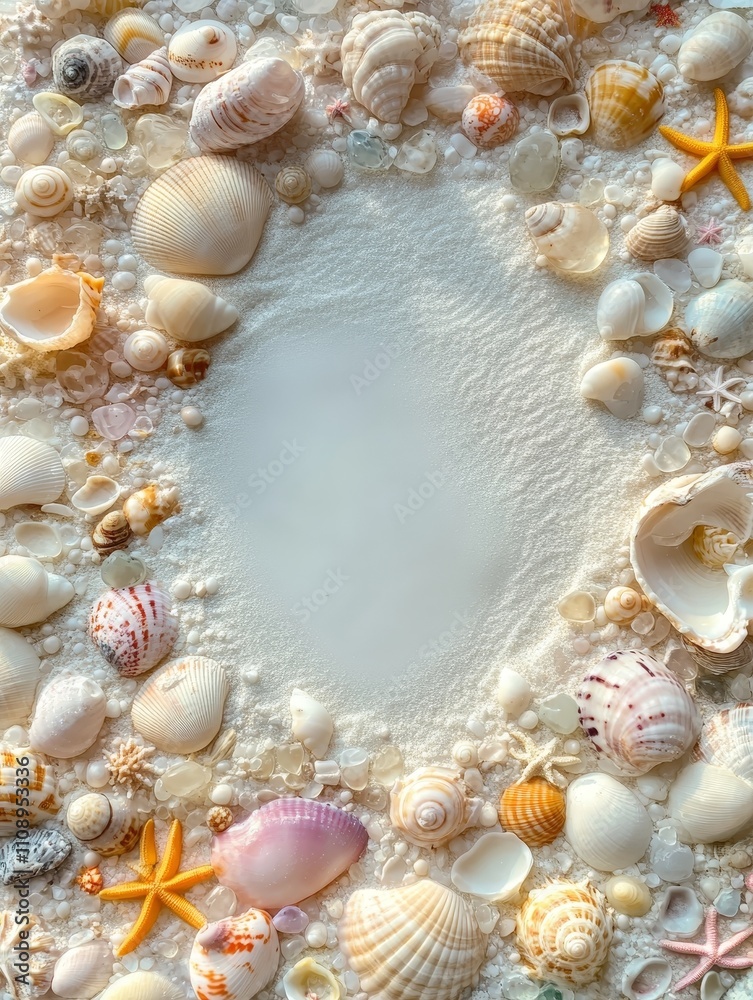 Obraz premium A tranquil coastal mosaic of seashells, ocean treasures, and frothy bubbles reflecting a serene beachside moment