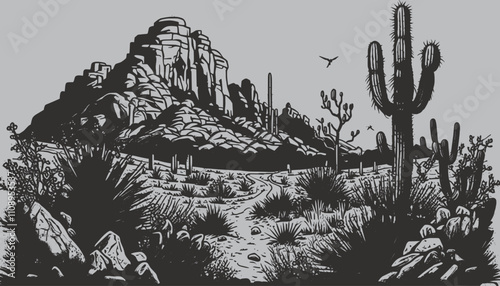Vintage retro gravure engraving american mexican desert western style with mountains, fields, trees and  cactus. Adventure travel outdoor nature landscape illustration