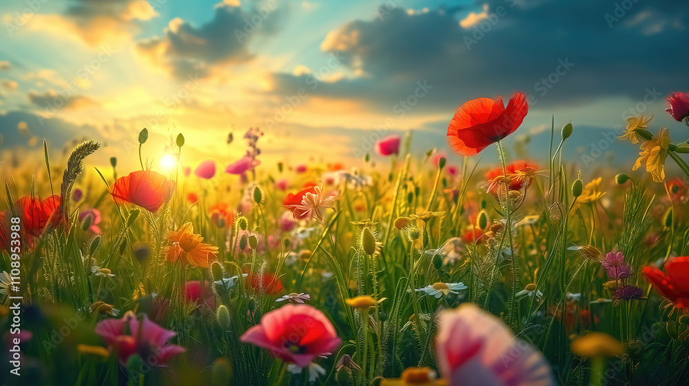 Fototapeta premium Poppies wildflowers spring landscape, beautiful idyllic rural background