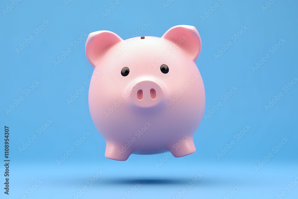 Pink piggy bank floating on blue background Pink piggy bank floating on blue background