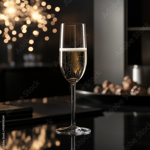 Elegant champagne flute sparkling on a table with festive bokeh lights in background