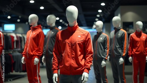 Mannequins in tracksuits are displayed in a retail store..