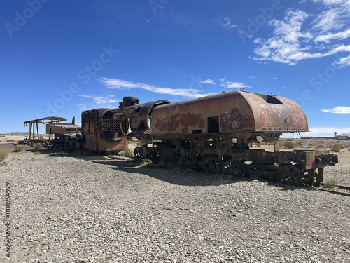 Bolivia’s Historic Train Cemetery Under a Desert Sky - Uyuni Salt Flat, Bolivia photo