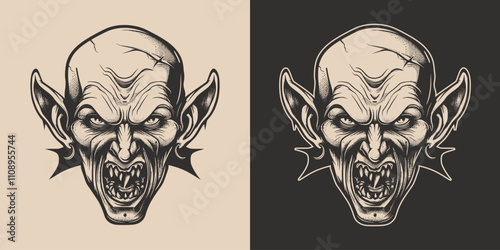 Vintage retro engraving woodcut style sketch draw paint of vampire scary halloween cartoon head front view