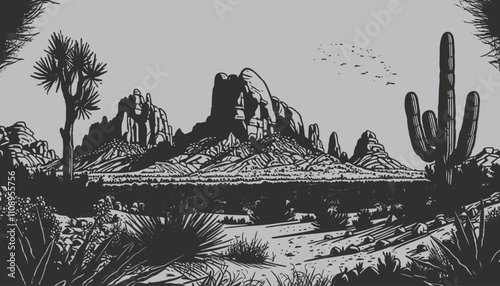 Vintage retro gravure engraving american mexican desert western style with mountains, fields, trees and  cactus. Adventure travel outdoor nature landscape illustration