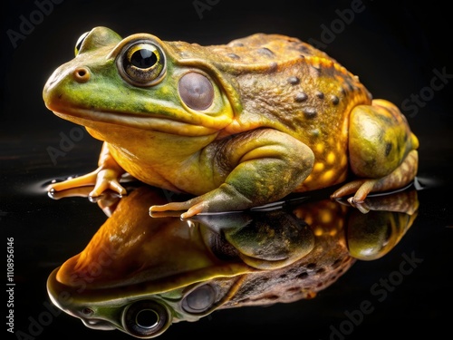 Close-up African Bullfrog Pyxicephalus adspersus, Isolated Black Background, Side View, Drone Photography, Amphibian, Reflection photo