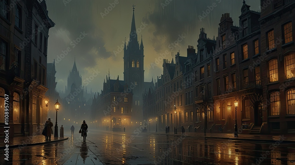 Naklejka premium Dimly lit street in a historical city showcases tall buildings and lanterns illuminating the wet cobblestones while silhouettes walk in the mystical atmosphere