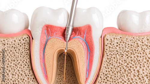 Anatomy of a tooth showing roots, dentin, and pulp chamber for dental education.
