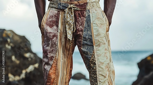 Close-up of Patchwork Pants with Brown and Gold Patterns photo