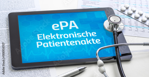 Ein Tablet mit dem Text ePA Elektronische Patientenakte