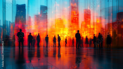 A vibrant networking event with business professionals, blurred figures creating a sense of motion in glass building at sunset