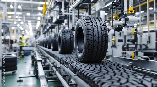 Tire Factory: Modern tire manufacturing facility with automated production line.