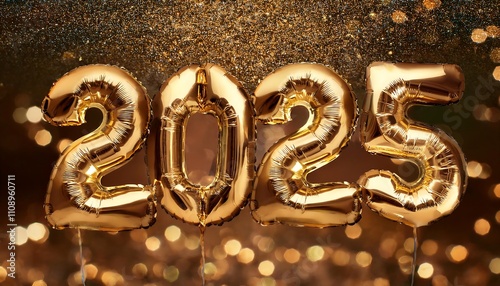Elegant golden balloons celebrate Happy New Year 2025 with a festive atmosphere and sparkling backdrop. Generative AI