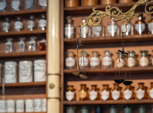 Konstfotografi Pharmacy and vintage balance in apothecary.