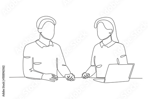 Single continuous line drawing of Two employees are talking and discussing work. Dynamic single line draw design graphic vector illustration.
