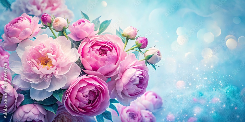 Fresh Bunch of Pink Peonies with Blue Effect on Pastel Floral Wallpaper - Blooming Love Concept for Cards and Copy Space Fresh Bunch of Pink Peonies with Blue Effect on Pastel Floral Wallpaper - Blooming Love Concept for Cards and Copy Space