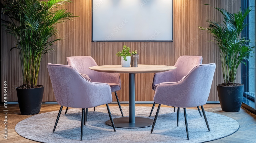 Fototapeta premium Modern Interior with Stylish Pink Chairs and Round Table Design
