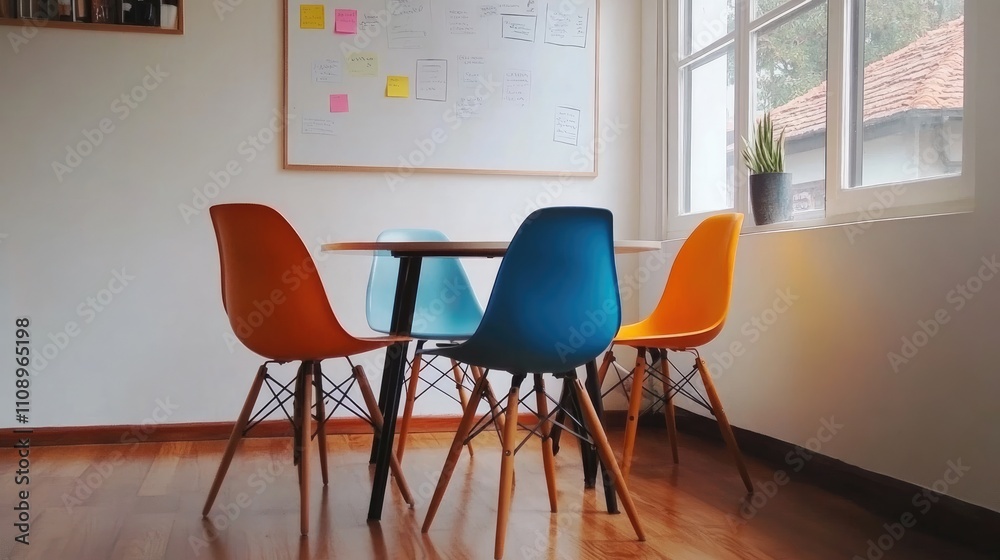 Fototapeta premium Cozy Modern Workspace with Colorful Chairs and Natural Light
