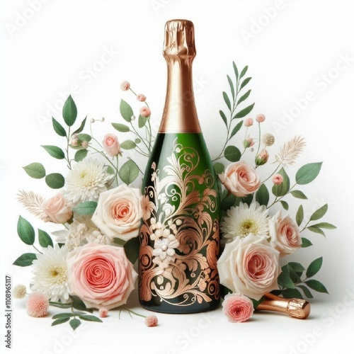 A bottle of champagne decorated with beautiful flowers is on a white isolated background. AI generated.