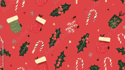 Enchanting Christmas Elves and Candy Canes Seamless Design on Red Background