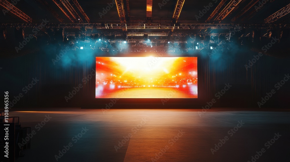 Obraz premium Empty Stage with Large LED Screen Displaying Dynamic Visuals