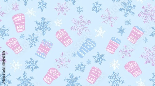 Vibrant Winter Wonderland - Festive Seamless Pattern of Cheerful Snowflakes and Colorful Mittens on Light Blue Background | Ultra-Detailed Fun Artwork