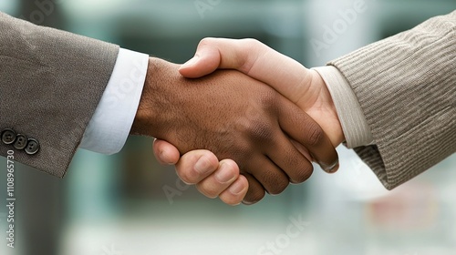 A business professional shaking hands in a corporate office, symbolizing a successful deal or partnership