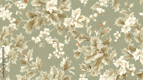 Elegant Christmas Florals Seamless Pattern on Muted Green Background | Ultra-Detailed Festive Holiday Artwork