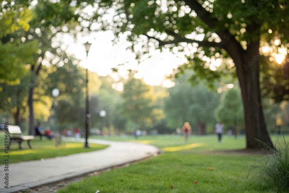 Obraz premium Serene park path with blurred background of trees and people enjoying the summer sunlight