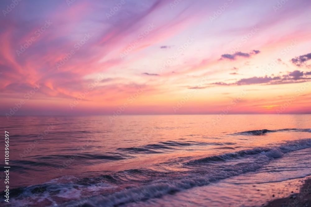 Fototapeta premium Serene ocean waves gently caress the shore under a breathtaking sunset sky, painting the horizon with vibrant hues of pink and orange.