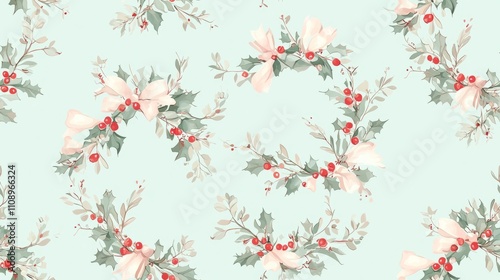 Wallpaper Mural Festive Holiday Elegance - Artistic Seamless Design of Elegant Christmas Wreaths with Berries and Ribbons on Soft Pastel Background Torontodigital.ca
