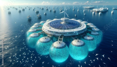 Sustainable Aquaculture: Futuristic ocean fish farm with solar panels and wind turbines.