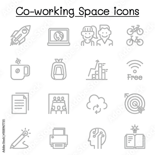 Co-working space icon set in thin line style