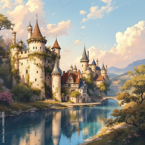 Wallpaper Mural AI-generated castle art: Saint Beat, France, on the Garonne. Medieval grandeur. Torontodigital.ca