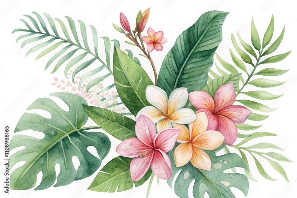 Obraz premium A vibrant watercolor painting of tropical flowers and lush foliage, a perfect botanical illustration for design projects