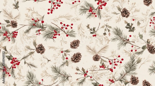 Rustic Christmas Burlap Seamless Pattern for Farmhouse Decor | Pinecones, Red Berries on Beige Background for Holiday Home | Flat Artwork Illustration